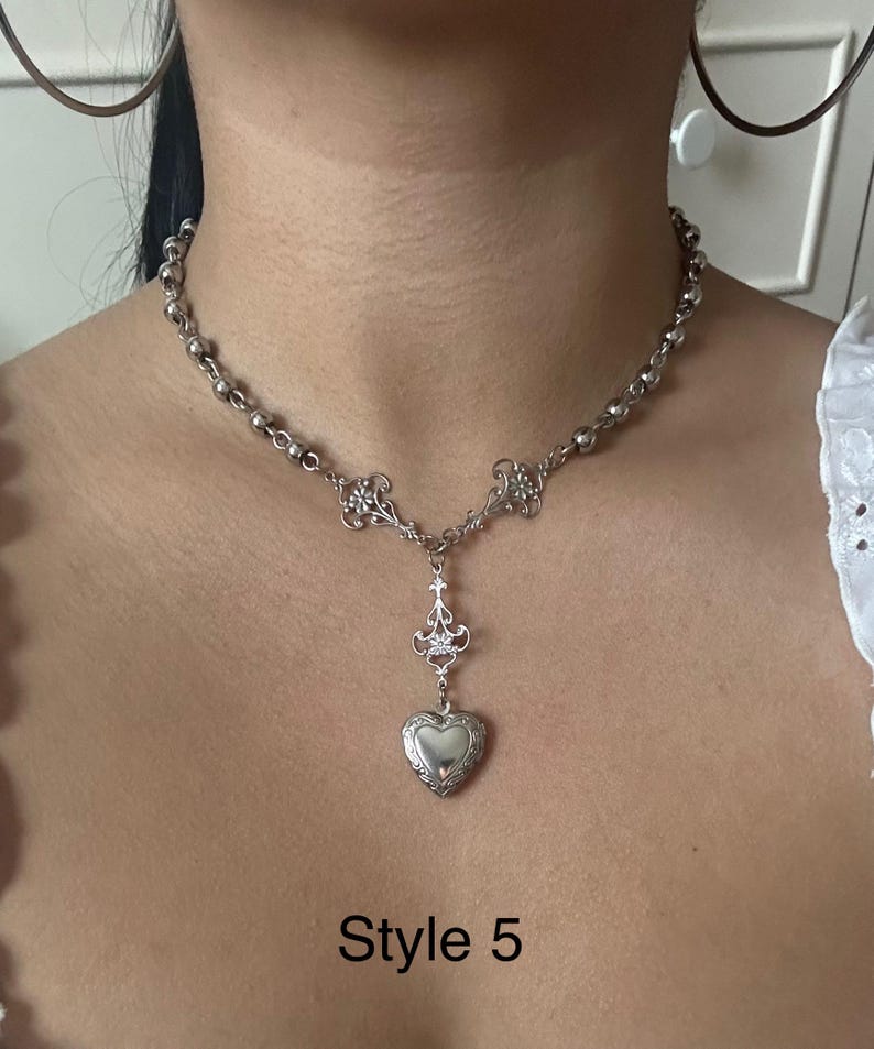 silver beaded mini heart locket necklace - coquette y2k grunge goth ,Victorian necklace,alt gothic streetwear Renaissance dainty style 5