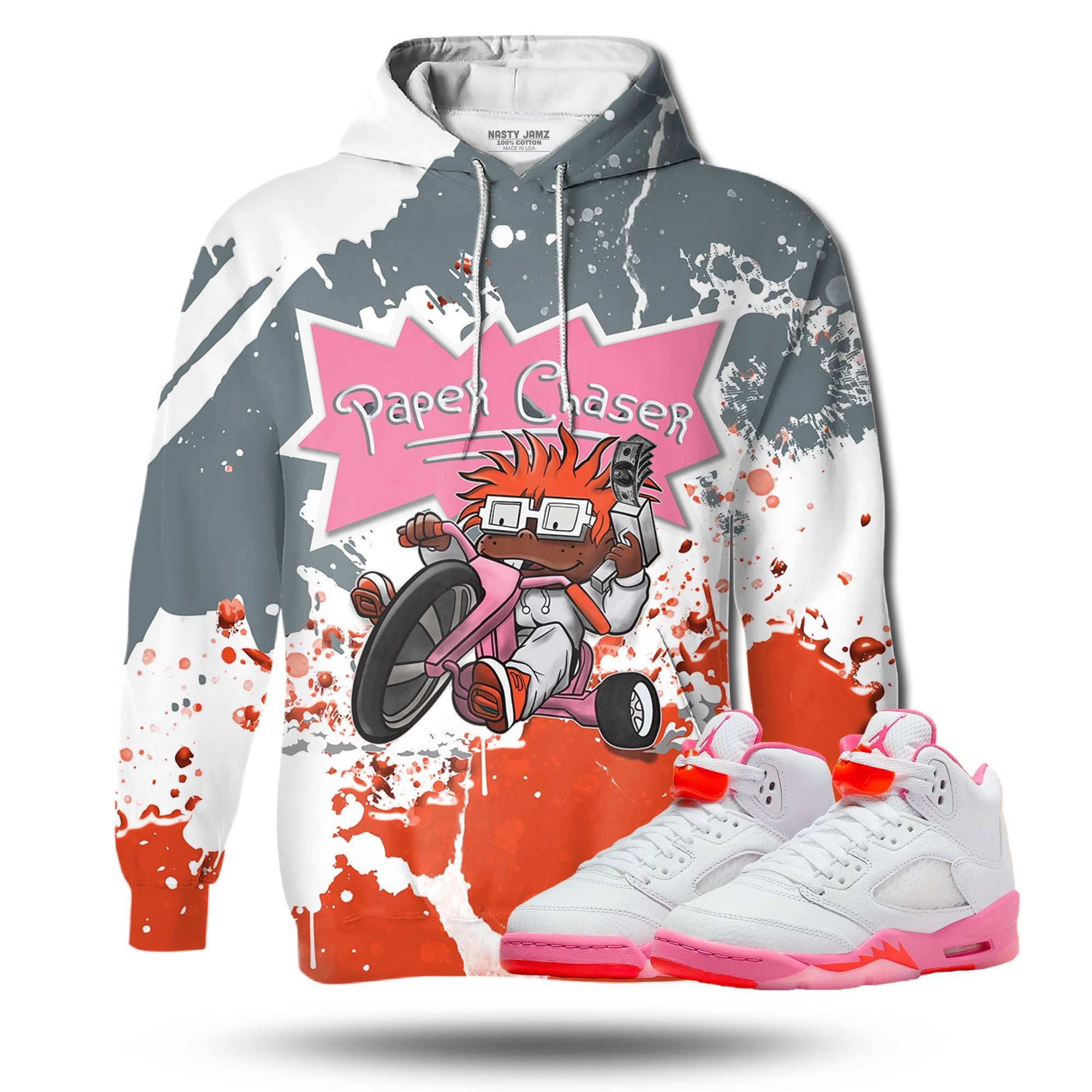 Discover Paper Chaser 3D Splash Unisex 3D match hoodie. Jordan 5 Retro  Pinksicle Safety Orange outfit match hoodie, oversized hoodie