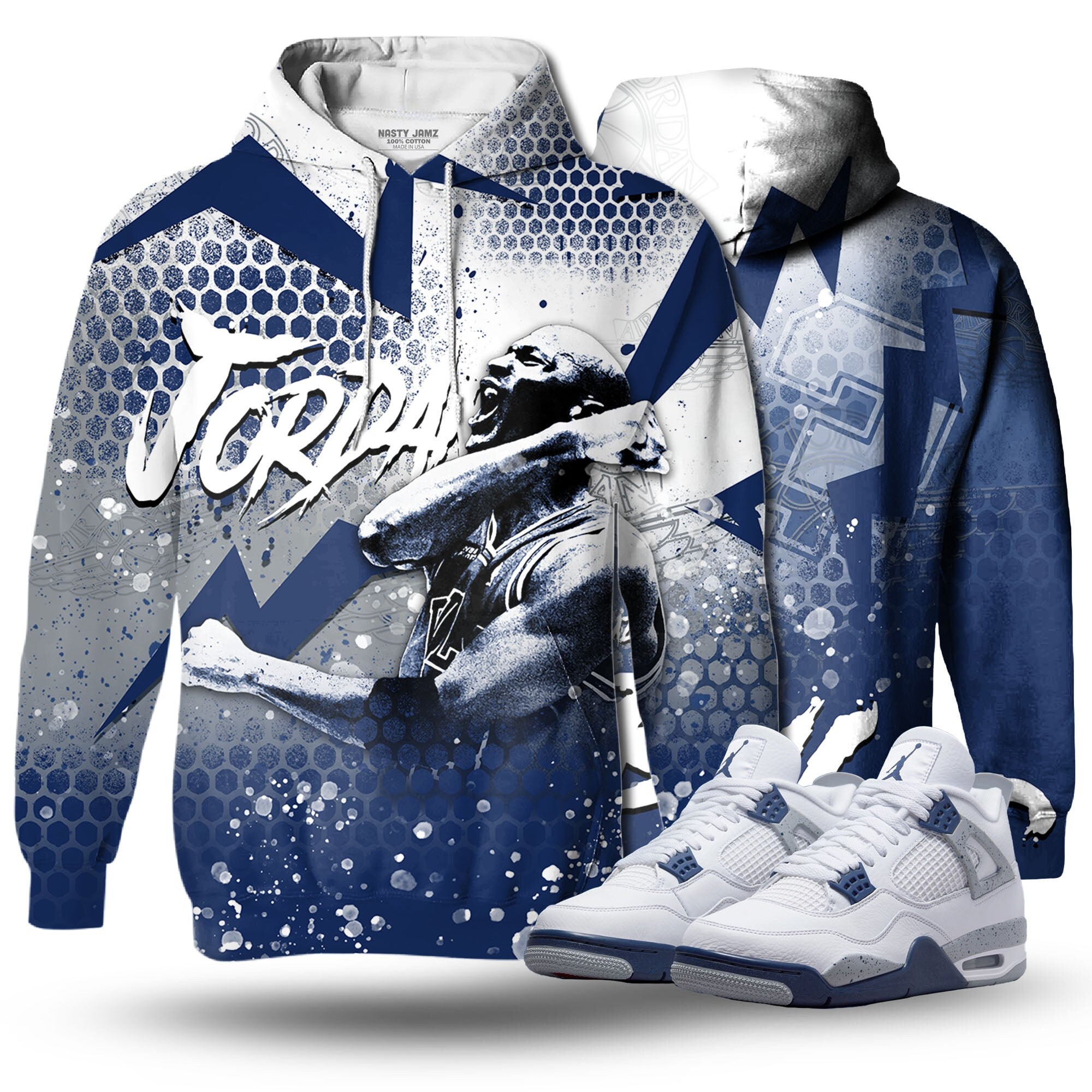 Discover The GOAT 23 3D Hexagon Unisex matching 3D Hoodie Jordan 4 Retro White Midnight Navy sneaker match hoodie,outfit match jordan