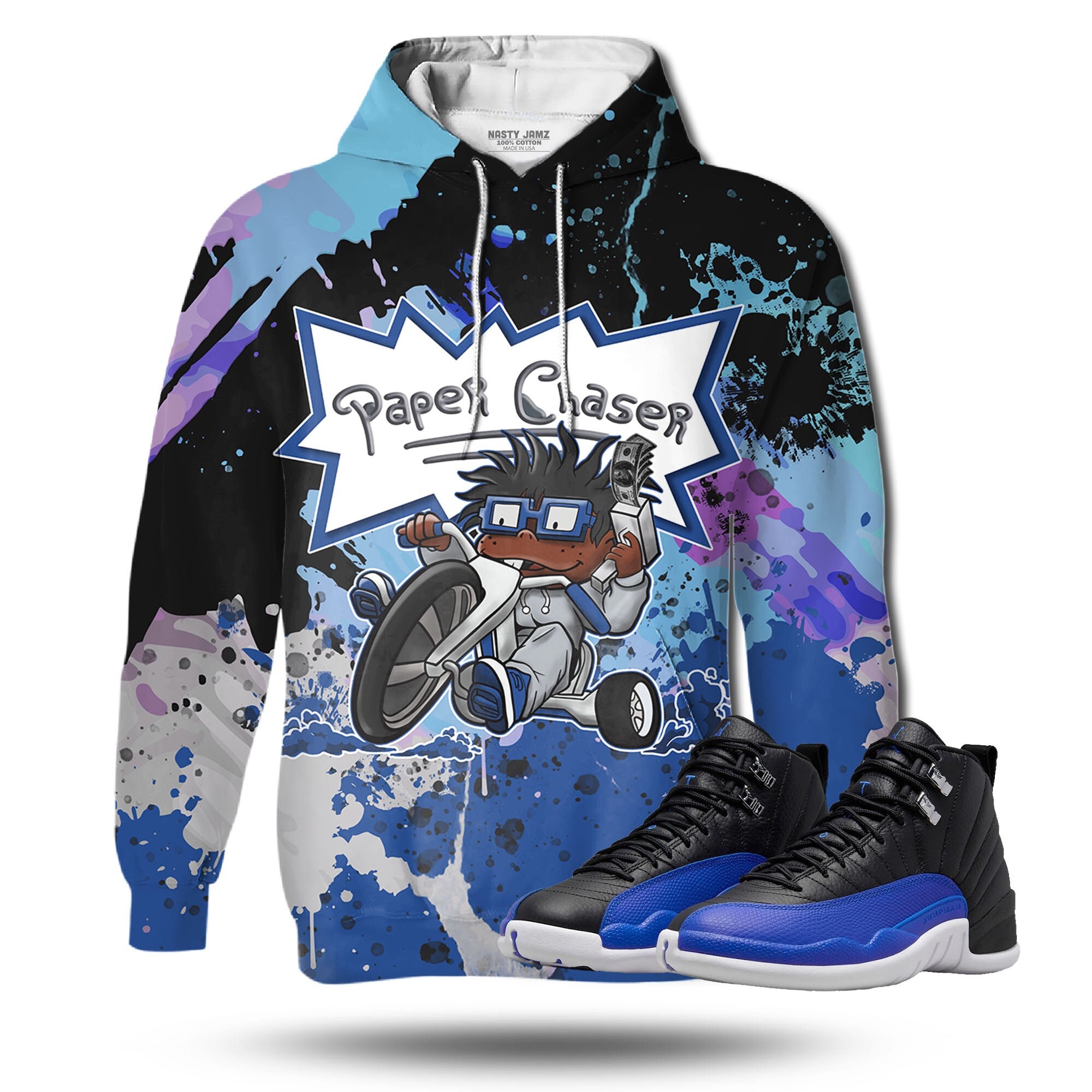 Discover Paper Chaser 3D Splash Unisex 3D match hoodie. Jordan 12 Retro Hyper Royal outfit match hoodie, oversized hoodie, sneaker match hoodie