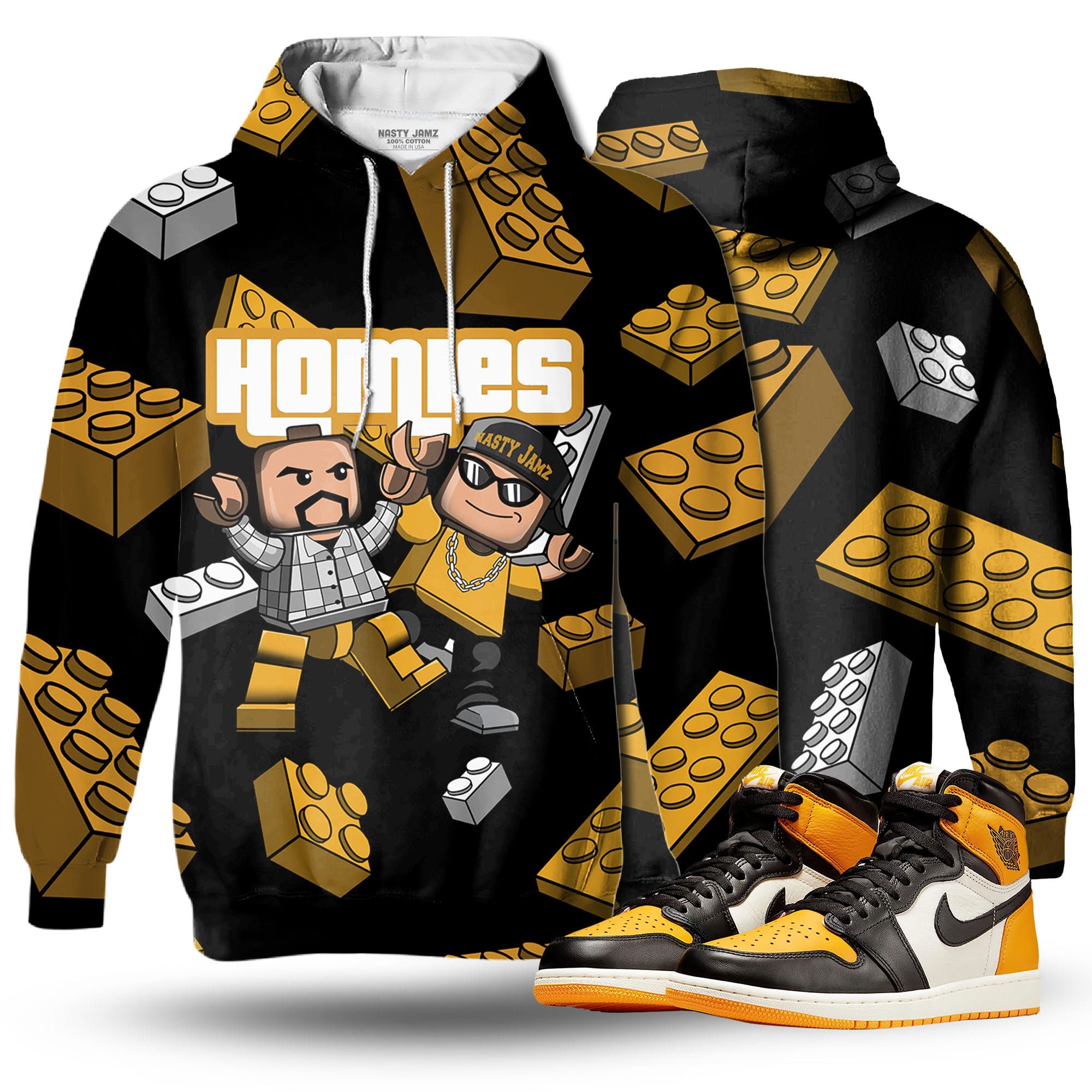 Discover Homie Toy 3D Brick  Unisex matching Hoodie 3D Jordan 1 Retro High OG Yellow Toe outfit hoodie, oversized hoodie, sneaker match Hoodie
