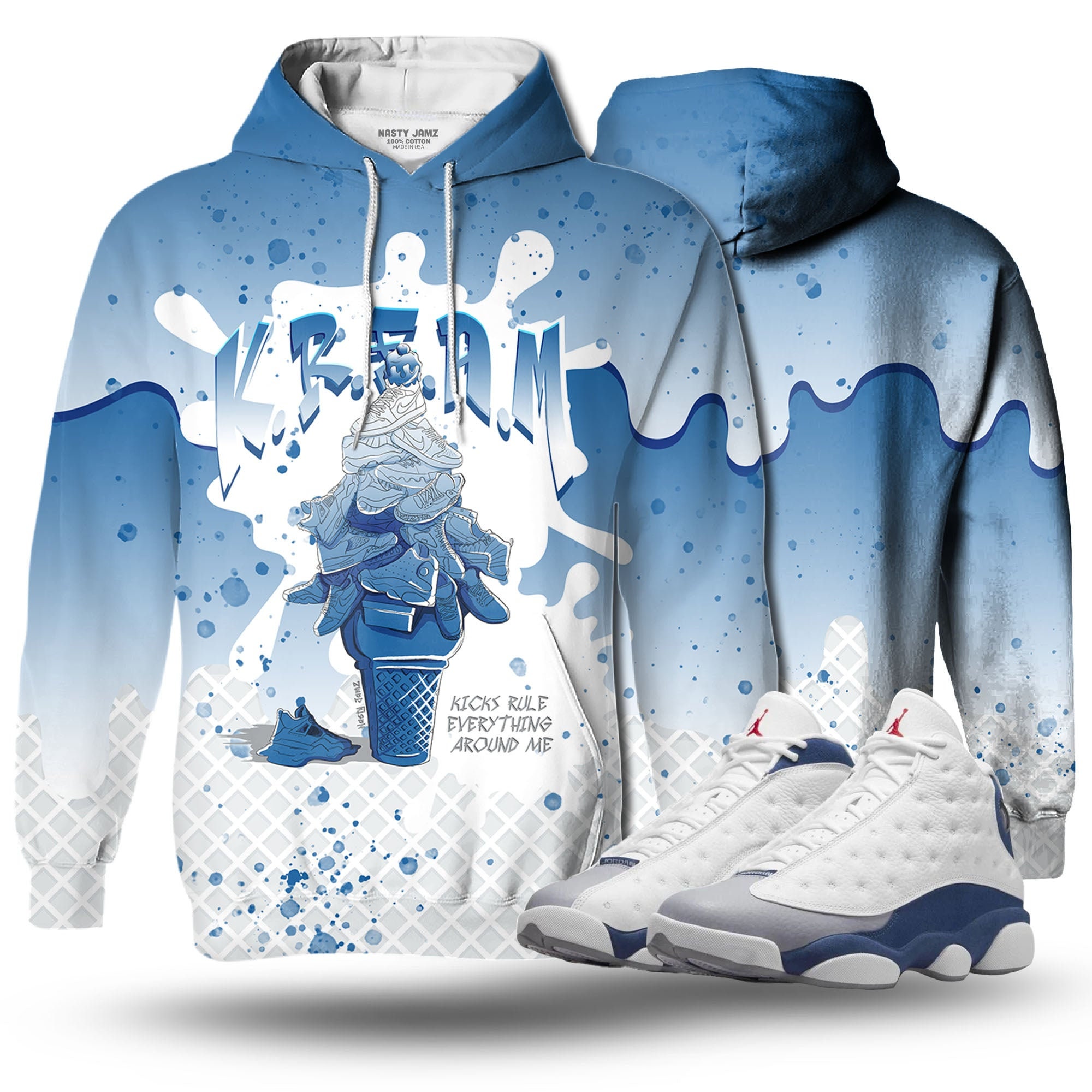 Discover KREAM 3D Waffle Cone Unisex matching Hoodie Jordan 13 Retro French Blue outfit match hoodie, oversized hoodie, sneaker match hoodie
