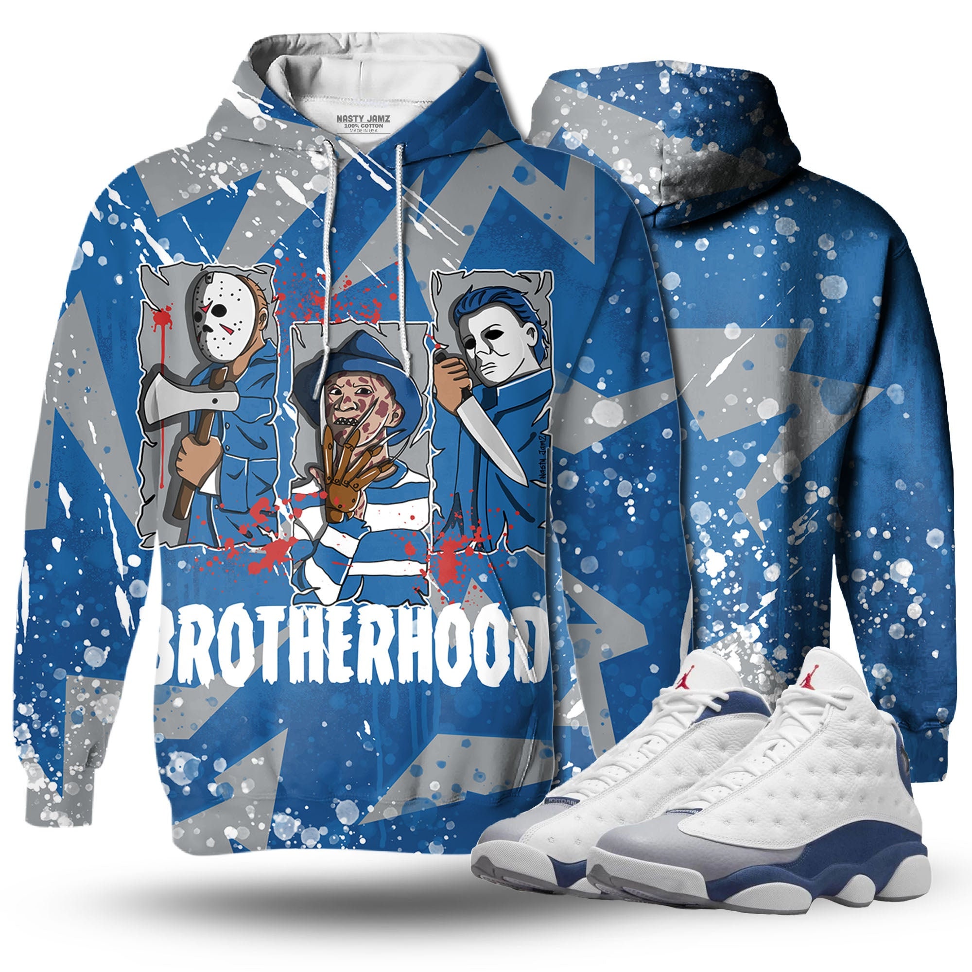 Discover Dark Brotherhood 3D Zigzag Paint Unisex matching Hoodie 3D Jordan 13 Retro French Blue outfit hoodie, oversized hoodie, sneaker match