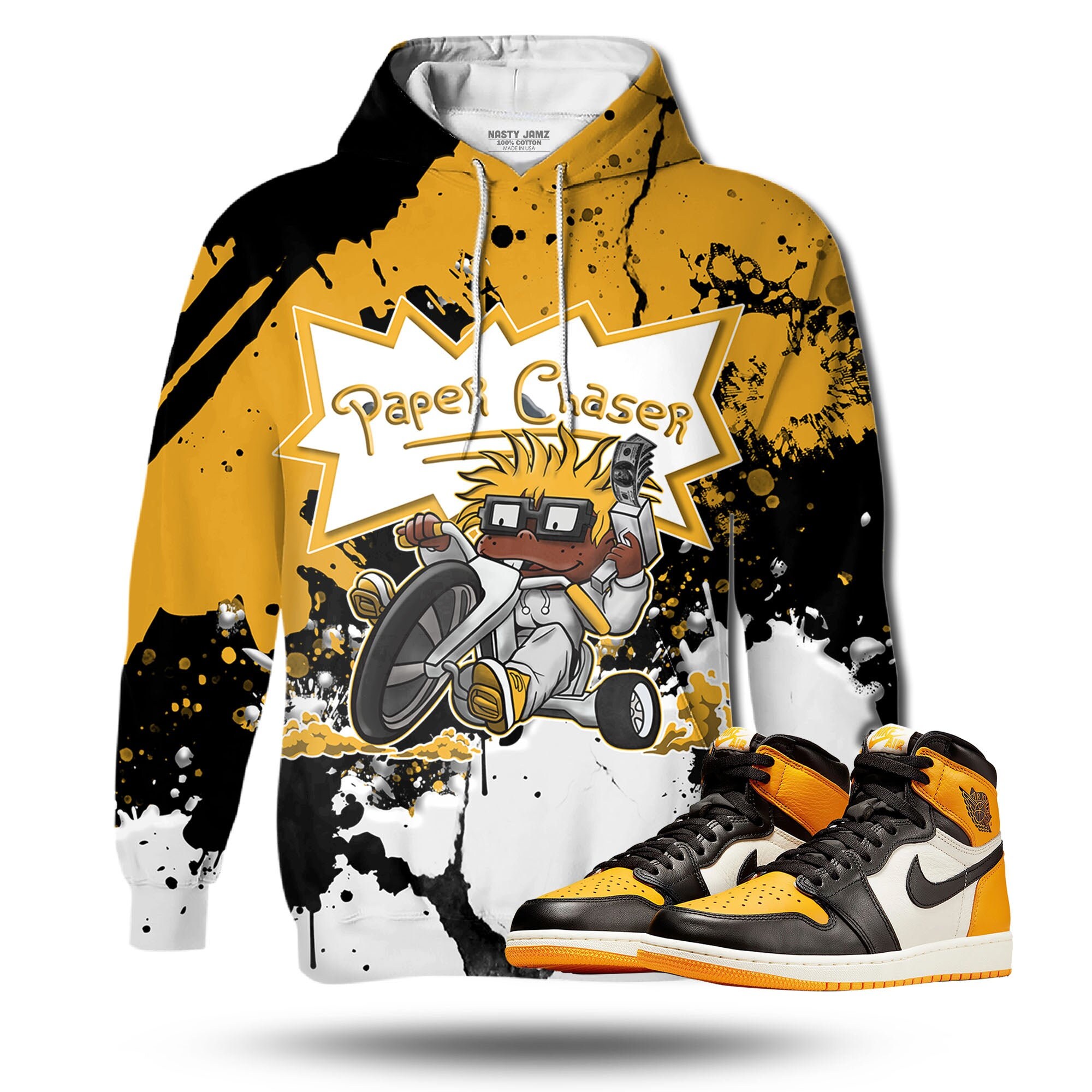 Discover Paper Chaser 3D Splash Unisex 3D match hoodie. Jordan 1 Retro High OG Yellow Toe outfit match hoodie, oversized hoodie, sneaker match hoodie