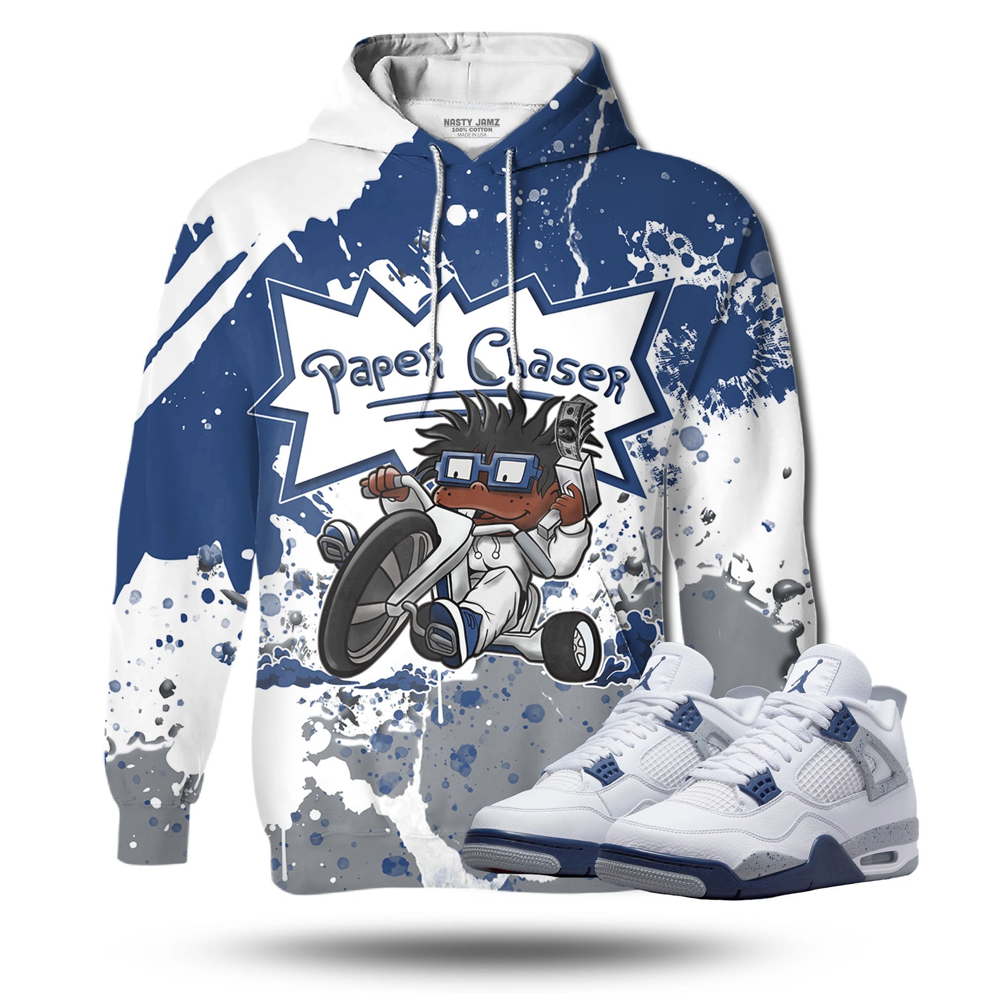 Discover Paper Chaser 3D Splash Unisex  match hoodie. Jordan 4 Retro White Midnight Navy outfit match hoodie, oversized hoodie, sneaker match hoodie