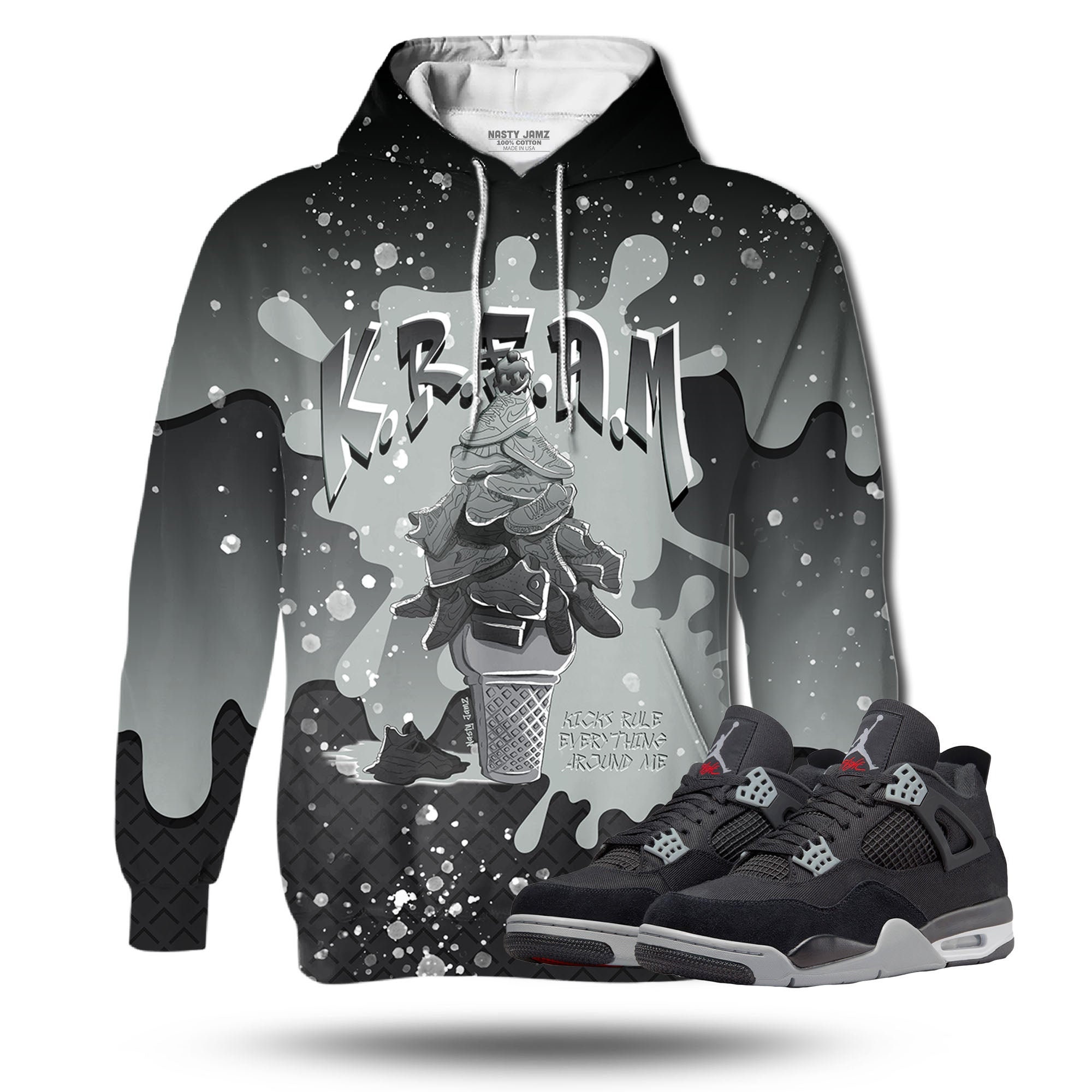 Discover KREAM 3D Waffle Cone Unisex matching Hoodie Jordan 4 Retro Black Canvas outfit match hoodie, oversized hoodie, sneaker match hoodie