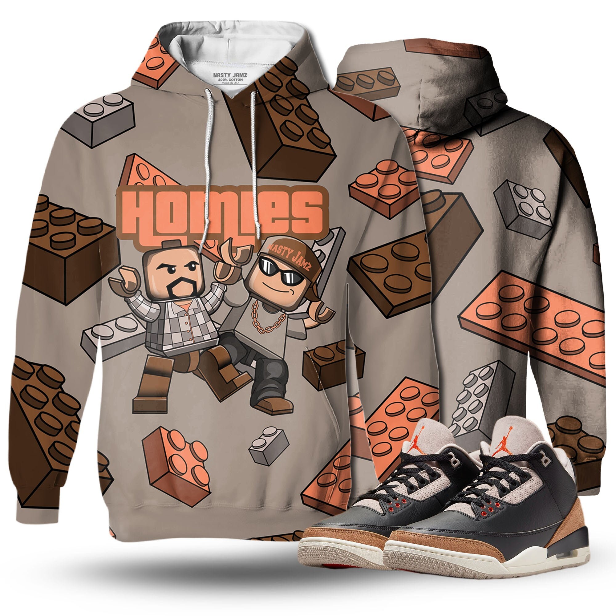 Homie Toy 3D Brick  Unisex matching Hoodie 3D Jordan 3 Retro Desert Elephant outfit hoodie, oversized hoodie, sneaker match Hoodie