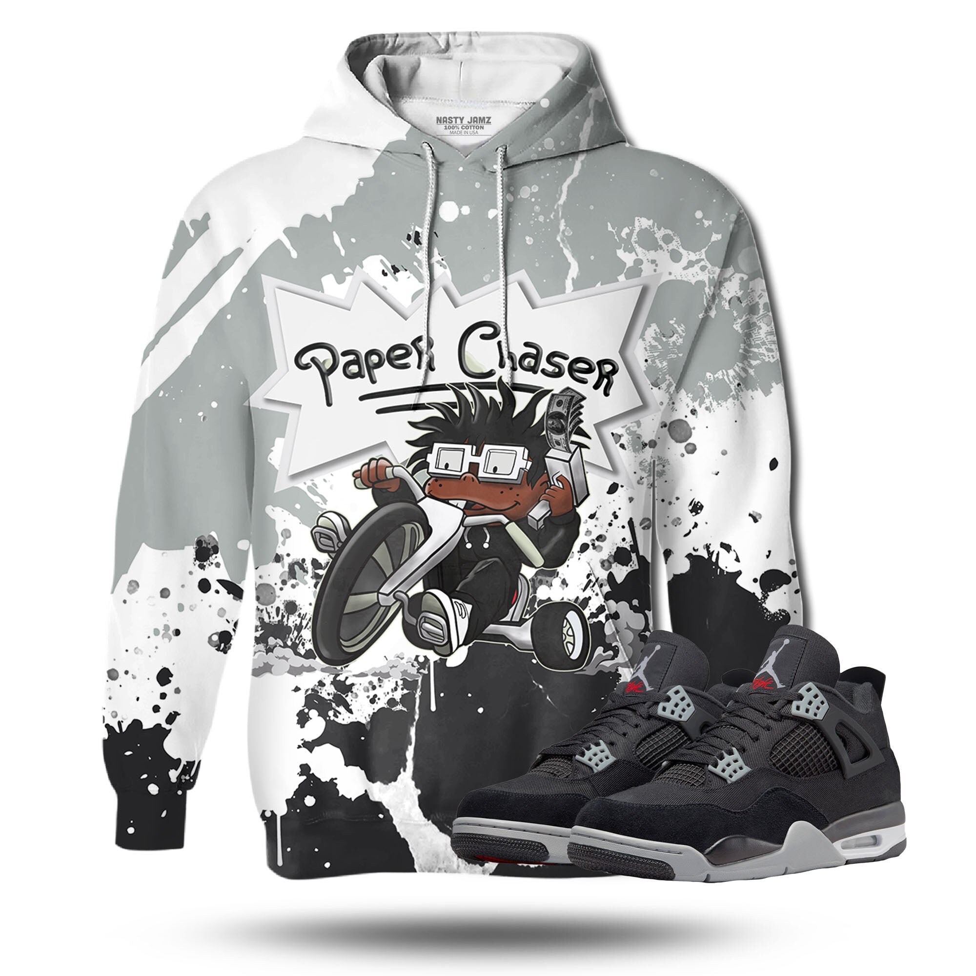 Discover Paper Chaser 3D Splash Unisex 3D match hoodie. Jordan 4 Retro Black Canvas outfit match hoodie, oversized hoodie, sneaker match hoodie,