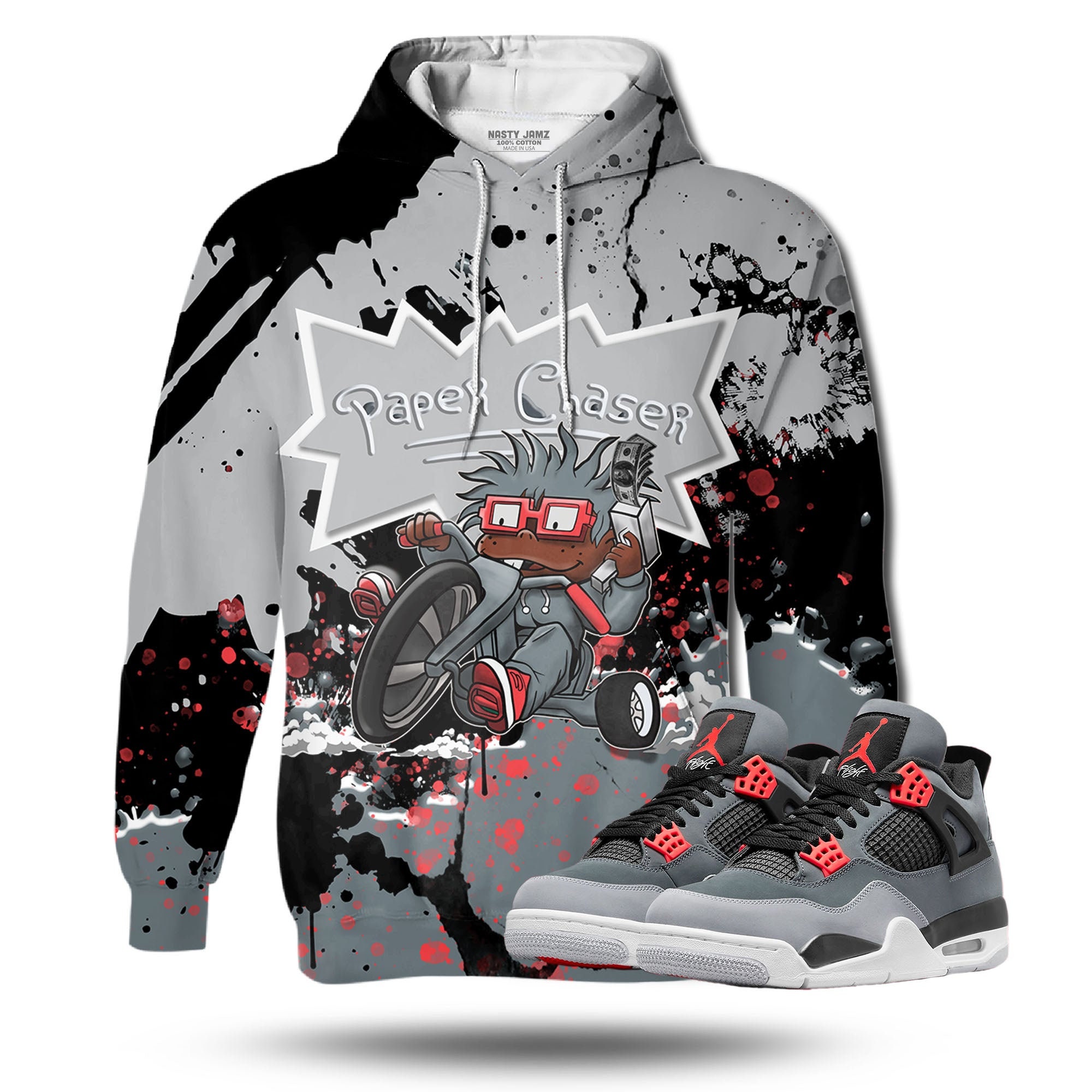 Discover Paper Chaser 3D Splash Unisex 3D match hoodie. Jordan 4 Retro Infrared outfit match hoodie, oversized hoodie, sneaker match hoodie