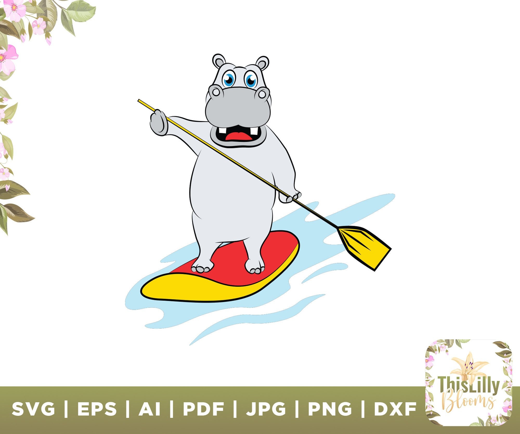 Kayak Hippo Svg Kayak Svg Cute Hippo Clipart Kayak Paddling Etsy