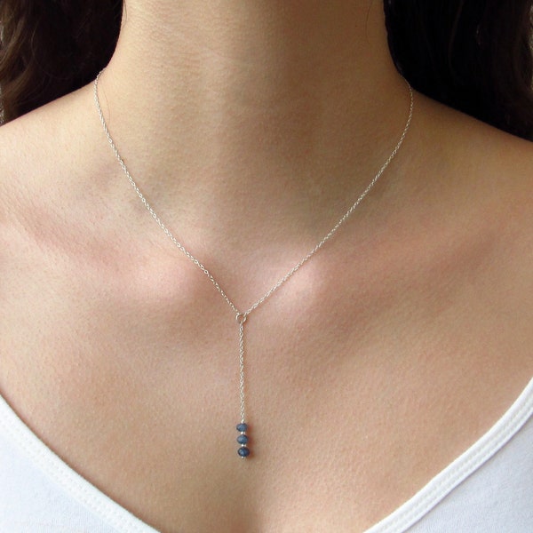 Dainty Blue Quartz Lariat Necklace - Handmade - Sterling Silver Chain - Perfect Jewelry for Layering - Gift for Her