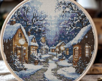 Schema punto croce invernale nel villaggio, ricamo a mano a punto croce nel villaggio innevato, punto croce invernale, schema punto croce PDF, fatto a mano