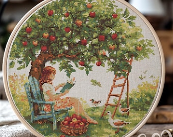 Cozy Girl Reading Book Cross Stitch Pattern, Book Lover Cross Stitch Hand Embroidery, Cross Stitch Bookish, Cross Stitch PDF, Home Decor