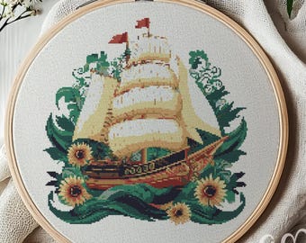 Floral Sailing Ship Cross Stitch Pattern, Sailing Ship Cross Stitch Hand Embroidery, Cross Stitch PDF Of Ocean Sail Boat, Cross Stitch PDF