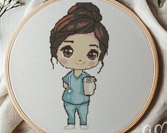 Chibi Nurse Cross Stitch Pattern, Nurse Cross Stitch Hand Embroidery, Cross Stitch PDF Of Nurse Girl, Cross Stitch Pattern PDF, Handmade