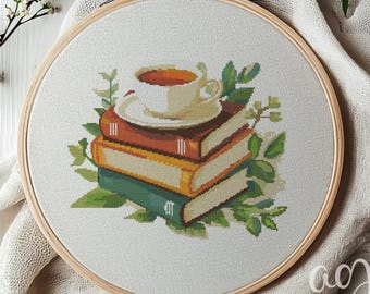 Books And Tea Cross Stitch Pattern, Books Cross Stitch Hand Embroidery, Book Lover Gift, Sewing Design