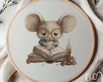 Mouse Reading Book Cross Stitch Pattern, Mouse Cross Stitch Hand Embroidery, Cross Stitch PDF Of Mouse Reading Book, Cross Stitch PDF