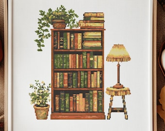 Plant Bookshelf Cross Stitch Pattern, Cozy Bookshelf Cross Stitch Hand Embroidery, Cross Stitch PDF Of Book Case, Cross Stitch Pattern PDF