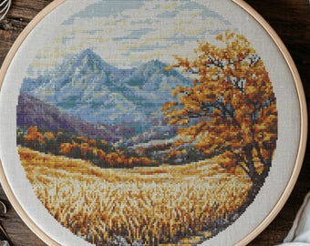 Mountain Landscape Cross Stitch Pattern, Forest Embroidery (PDF)