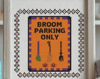 Broom Parking Cross Stitch Pattern, Broom Parking Cross Stitch Hand Embroidery, Cross Stitch Witch Broom, Cross Stitch PDF, Home Decor
