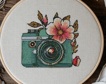 Floral Camera Cross Stitch Pattern, Camera Cross Stitch Hand Embroidery, Sewing Design