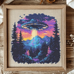 UFO Forest Cross Stitch Pattern, Alien Embroidery (PDF Pattern)