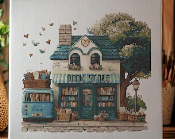 Padrão de ponto cruz para livraria, bordado à mão em ponto cruz para biblioteca, livraria em ponto cruz, ponto cruz em PDF, ponto cruz, decoração para casa