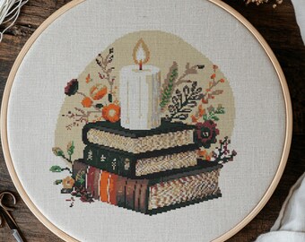 Books And Candle Cross Stitch Pattern, Candle And Books Cross Stitch Hand Embroidery, Cross Stitch PDF Of Books, Cross Stitch Pattern PDF