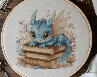 Cute Dragon On Book Cross Stitch Pattern, Dragon On Books Cross Stitch Hand Embroidery, Cross Stitch PDF Dragon On Books, Cross Stitch PDF