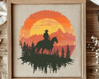 Cowboy Cross Stitch Pattern, Western Life Cross Stitch Hand, Cross Stitch PDF Of Cowboy With Horse, Cross Stitch Pattern PDF, Handmade