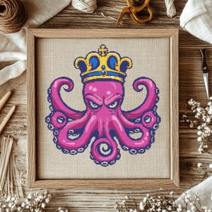 May include: A pink octopus wearing a gold and blue crown. The octopus has eight tentacles and a menacing expression. The crown has a cross on top.