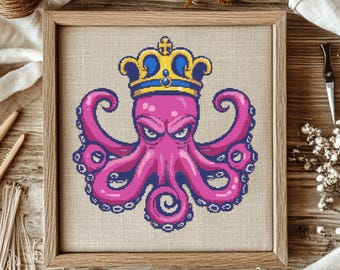 Octopus with Crown Cross Stitch Pattern (PDF), Point De Croix, Home Decor, Wall Art