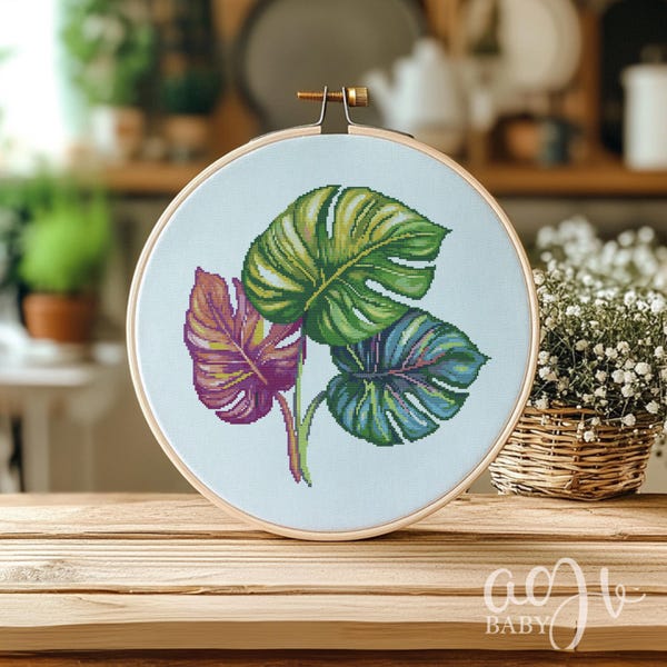 Feuilles de Monstera, motif point de croix, tropical PDF (téléchargement numérique)