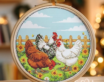 鶏のクロスステッチ図案、鶏のクロスステッチ手刺繍、鶏のクロス