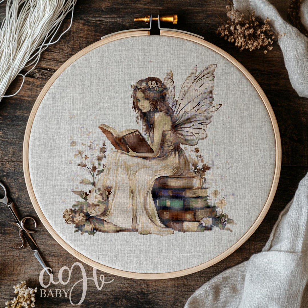 Fairy Reading Book Cross Stitch Pattern, Fantasy Hand Embroidery (PDF ...