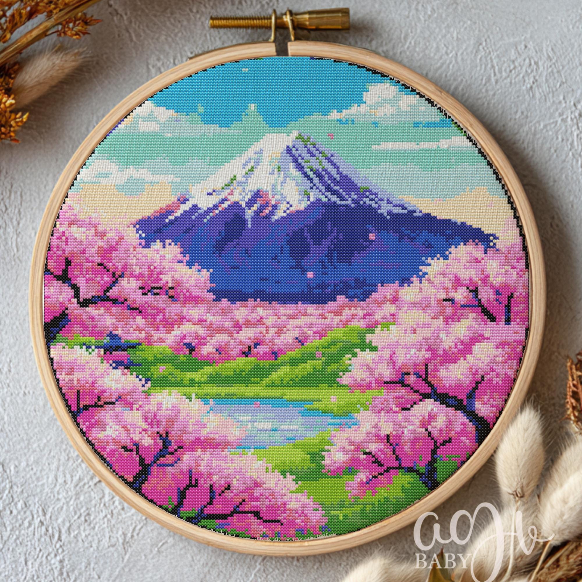 富士山クロスステッチ図案、日本の富士山クロスステッチ手刺繍、日本の