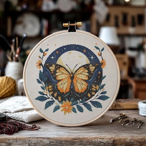 Butterfly Moon Cross Stitch Pattern, Butterfly Cross Stitch PDF, Cross Stitch Animal, Punto De Cruz, Point De Croix, Cross Stitch Template