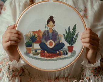 Cross Stitching Girl Cross Stitch Pattern, Stitching Girl Cross Stitch Hand Embroidery, Cross Stitch PDF Of Stitchers, Cross Stitch PDF