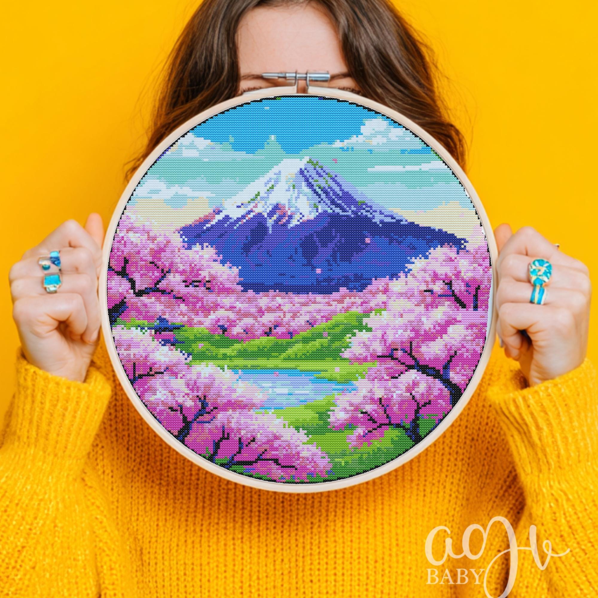 富士山クロスステッチ図案、日本の富士山クロスステッチ手刺繍、日本の