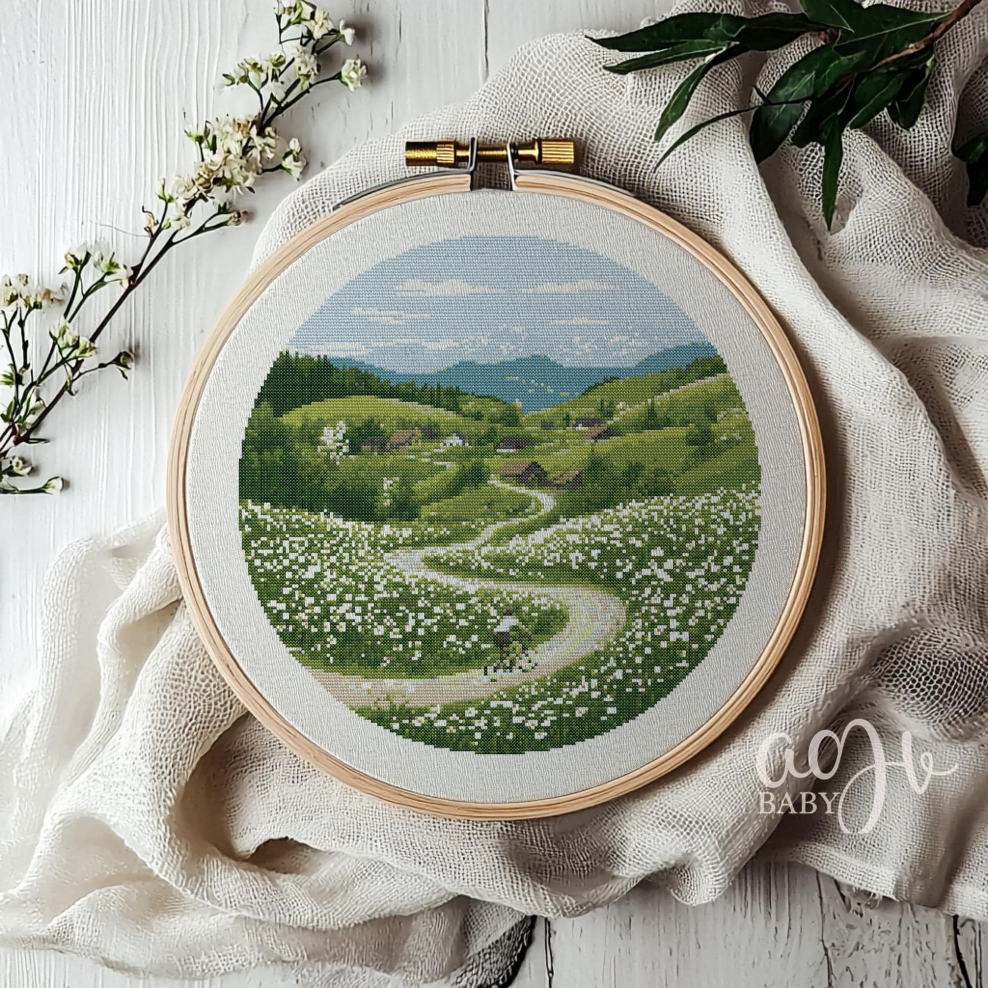 ベトナム刺繍絵　Lifestyle of the Countryside Peaceful Countryside Cross Stitch Pattern, Cottage Core Cross