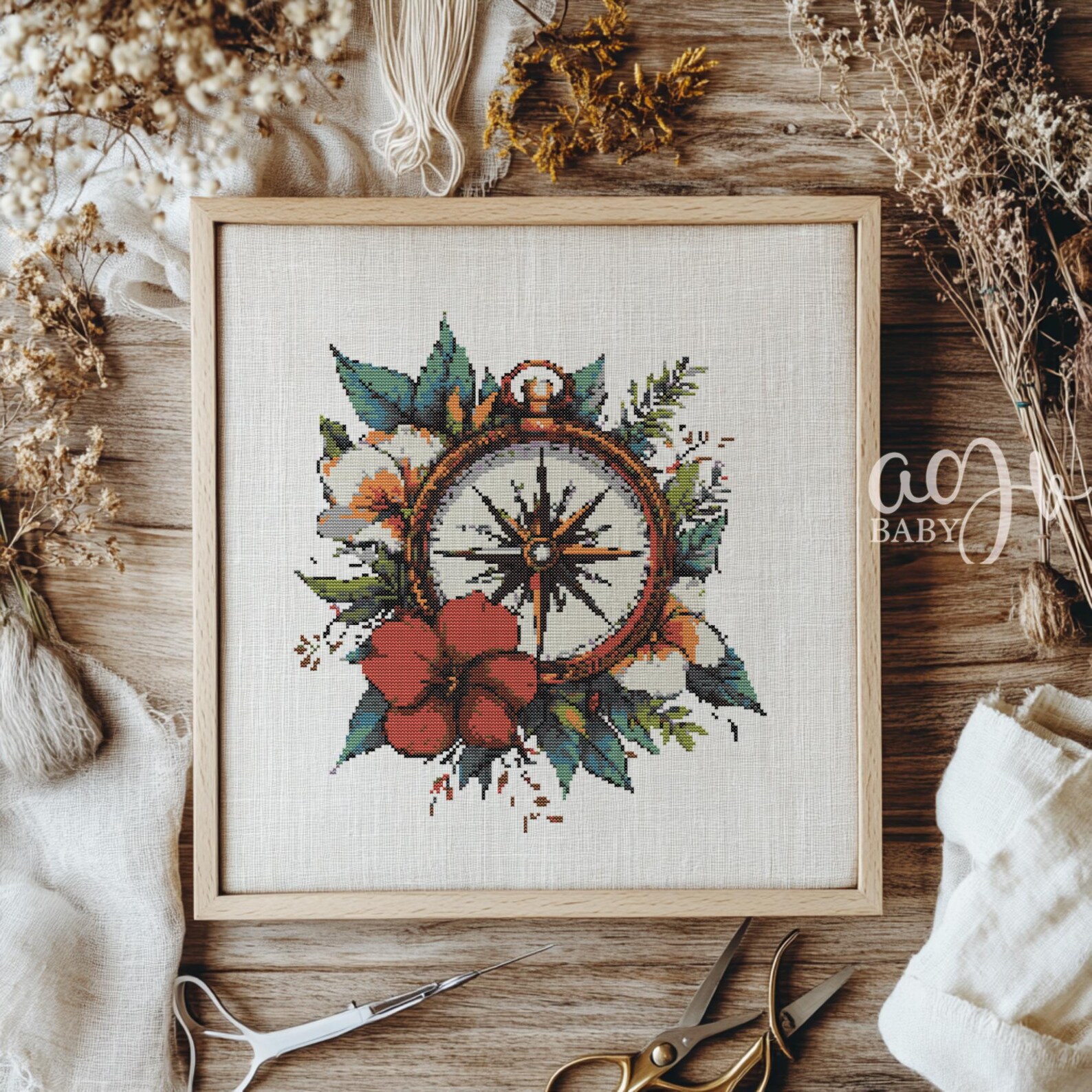 Floral Compass Cross Stitch Pattern, Compass Cross Stitch Hand ...