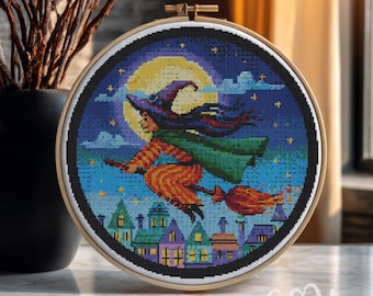 Flying Witch Cross Stitch Pattern, Witch Cross Stitch Hand Embroidery, Cross Stitch Witchy, Cross Stitch PDF, Witchy Decor, Home Decor