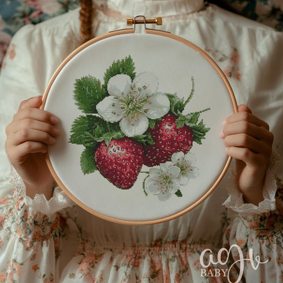 イチゴのクロスステッチ図案、イチゴのクロスステッチ手刺繍、イチゴの