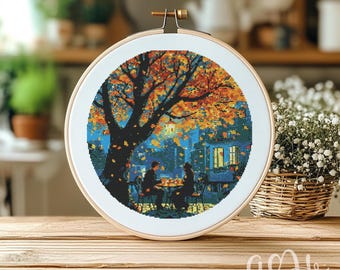 Cozy Autumn Cafe Cross Stitch Pattern, Night Season (PDF), Sewing Idea