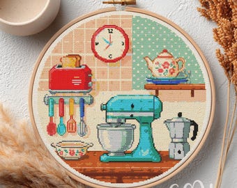 Wzór haftu krzyżykowego: Narzędzia kuchenne, Vintage Kitchen Tools, haft krzyżykowy, Zestaw kuchenny do haftu krzyżykowego, Haft krzyżykowy, Wystrój domu