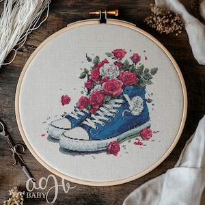 Cross Stitch Flower Sneaker, Sneaker Cross Stitch Pattern, Flower Shoes Cross Stitch PDF, Punto De Cruz, X-Stitch Kit, Cross Stitch Template