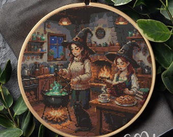 Beautiful Witch In Cozy Kitchen Cross Stitch Pattern, Witch Cross Stitch Hand Embroidery, Cross Stitch Witchy, Cross Stitch PDF, Home Decor