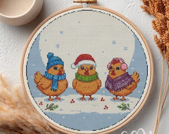 Cute Hens Cross Stitch Pattern, Winter Hens Cross Stitch Hand Embroidery, Cross Stitch Chicken, Cross Stitch PDF, Home Decor