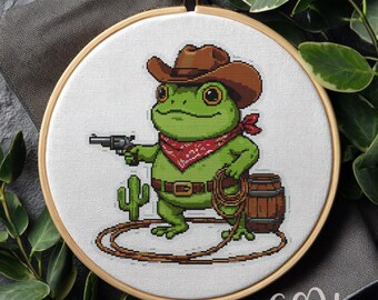 Cowboy Frog Cross Stitch Pattern, Cowboy Frog Cross Stitch Hand Embroidery, Cross Stitch Frog, Cross Stitch PDF, Home Decor