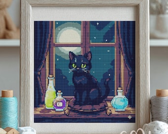Black Cat and Potions Cross Stitch Pattern, Cat Cross Stitch Hand Embroidery, Cross Stitch Black Cat, Cross Stitch PDF, Halloween Decor